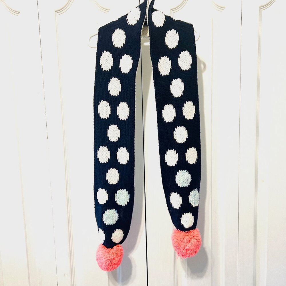 Gymboree-Cotton Blend Sequin Navy Blue/White-Peach Pom Pons Scarf-72" x 5"-Soft